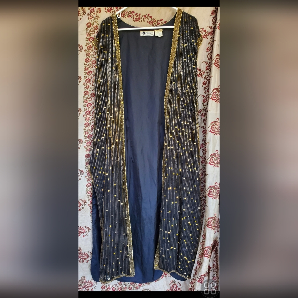 Elegant Black and Gold Silk Beaded Shawl by Essense Size 20